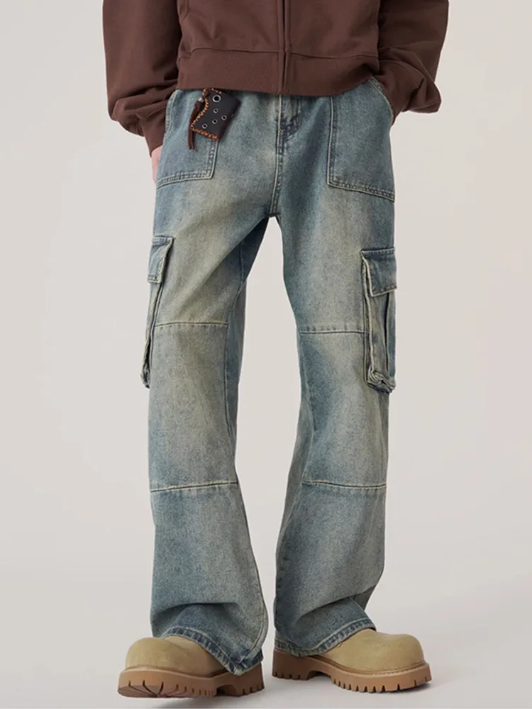

High Quality Distressed Denim Cargo Pants Mens Clothing Multi-Pocket Baggy Jeans Streetwear Hip Hop Loose Stacked Jeans Male
