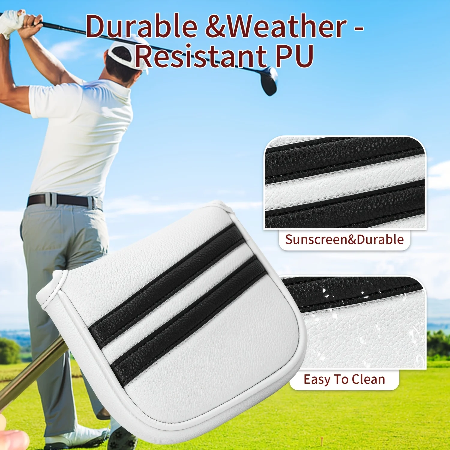 1pc Double Bar Stripes Style Golf Club Head Cover, Golf Mallet Putter Cover, Made of PU Material, Universal Fit for Most Brands view 3