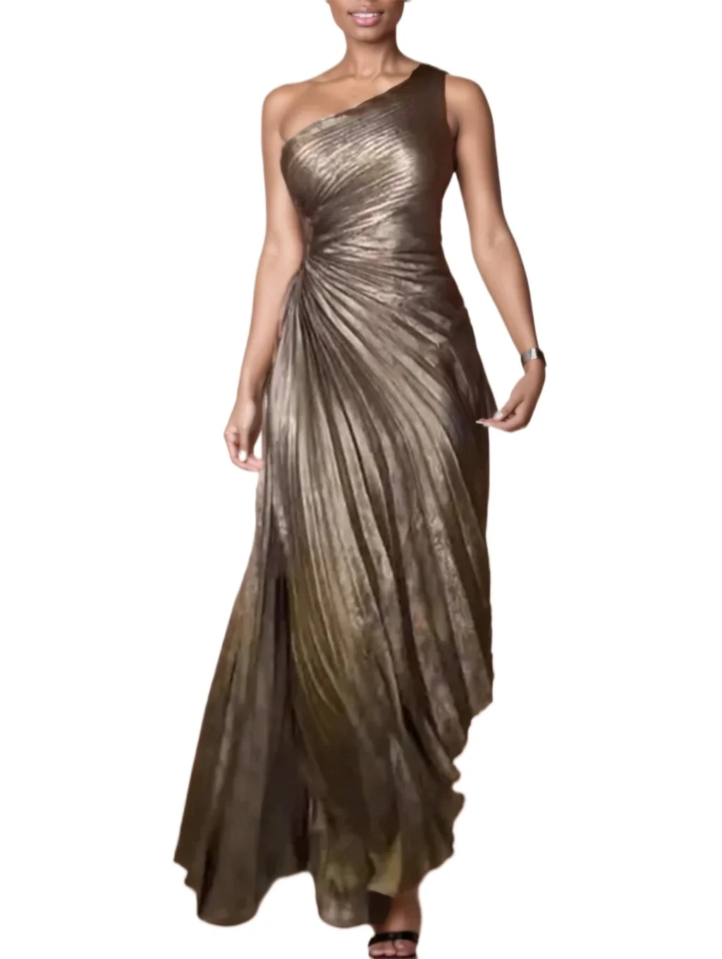 Sexy één schouder taille uitgesneden ruches geplooide gouden avondjurk