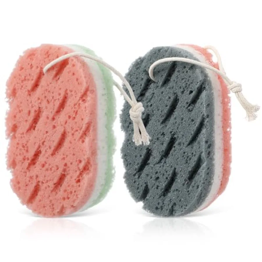 2 Pack Shower Sponge for Body, Exfoliating Bath Sponges for Women Men, Reusable Body Scrub with Loofah Fiber, Deep Cleaning Sho