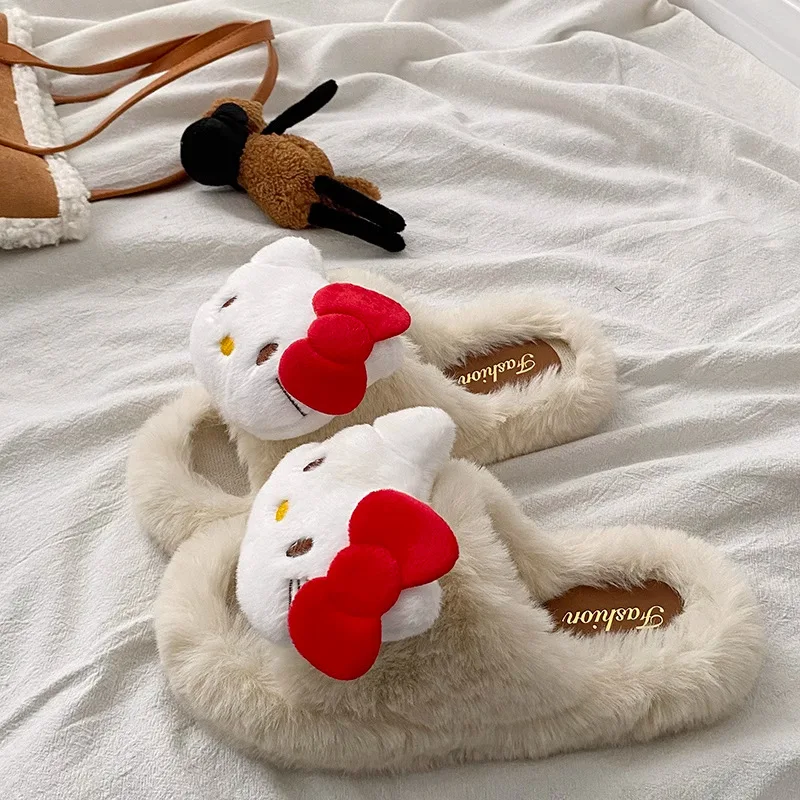 الكرتون مرحبا كيتي الإناث نعال من القطن لطيف الدافئة سميكة وحيد أحذية الخريف الشتاء داخلي المضادة للانزلاق مقاومة للاهتراء مريحة