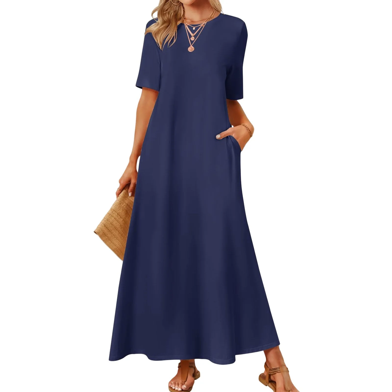 Women's 2025 Summer T Shirt Dress Short Sleeve Crewneck Maxi Dress With Pockets Casual Solid Color Swing A Line Long Dresses