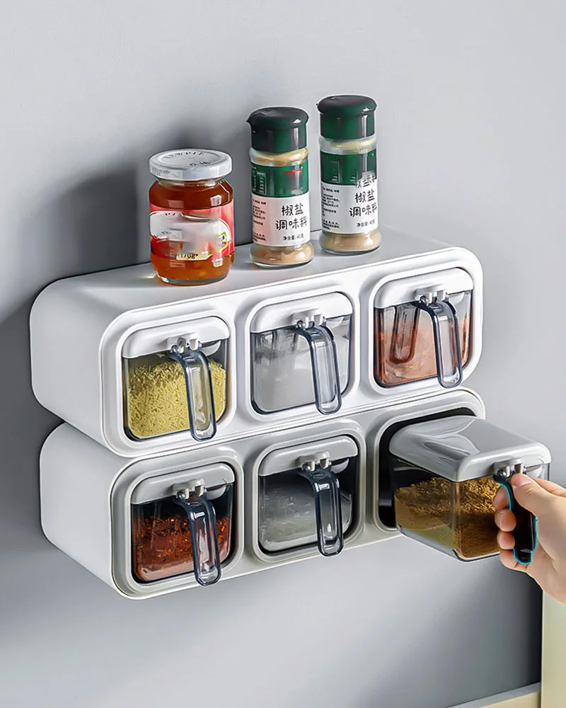 Wall Mount Spice Rack Organizer Sugar Bowl Salt Shaker Seasoning Container Kitchen Supplies Storage Set Spice Boxes