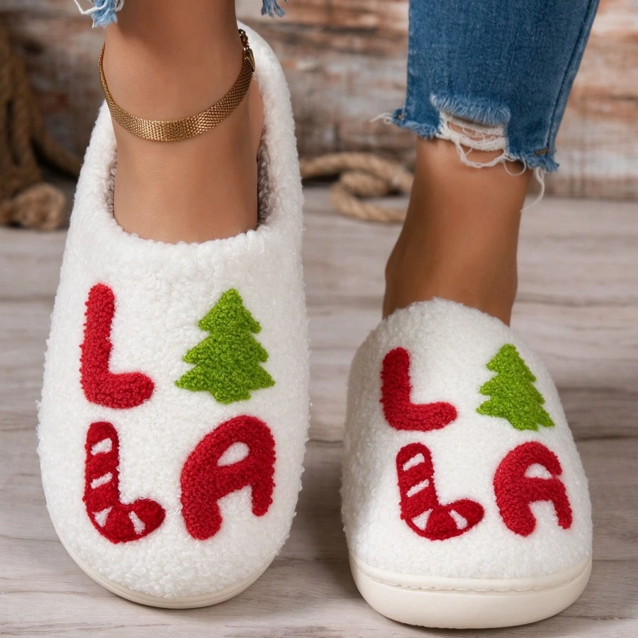 La La Christmas Letter Embroidery Slippers Women Cozy Fluffy Lined Slip on House Shoes Xmas Tree Holiday Indoor Non-Slip Sole