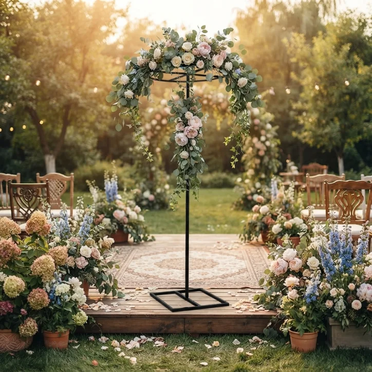 3Pcs Adjustable 1.5‑3m Metal Wedding Arch Frame With Circular Top Shelf, Telescopic Backdrop Stand for Wedding Aisle Stage Party