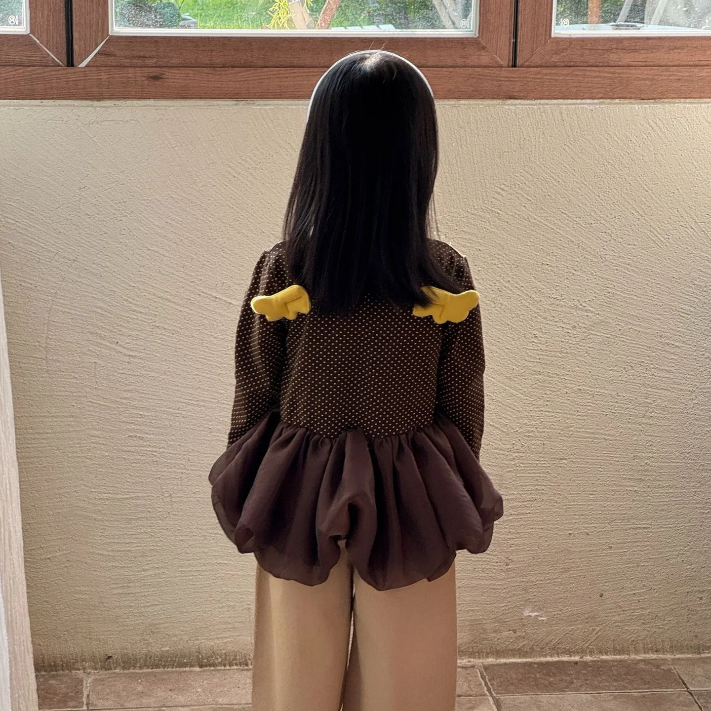 Girls Fall Dress Korean Brown All Over Polka Dot Back Yellow Small Wings Patchwork Bubble Hem Princess Dress
