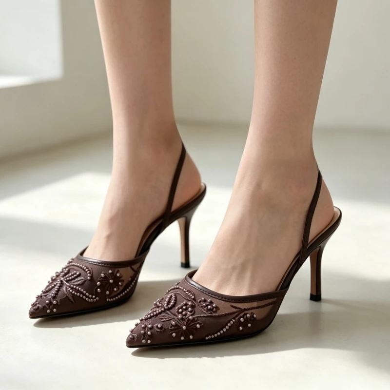 Brown String Bead Mesh Embroider Slingback High Heels Women Sexy Pointed Toe Heeled Sandals Summer Elegant Luxury Designer Shoes image 6