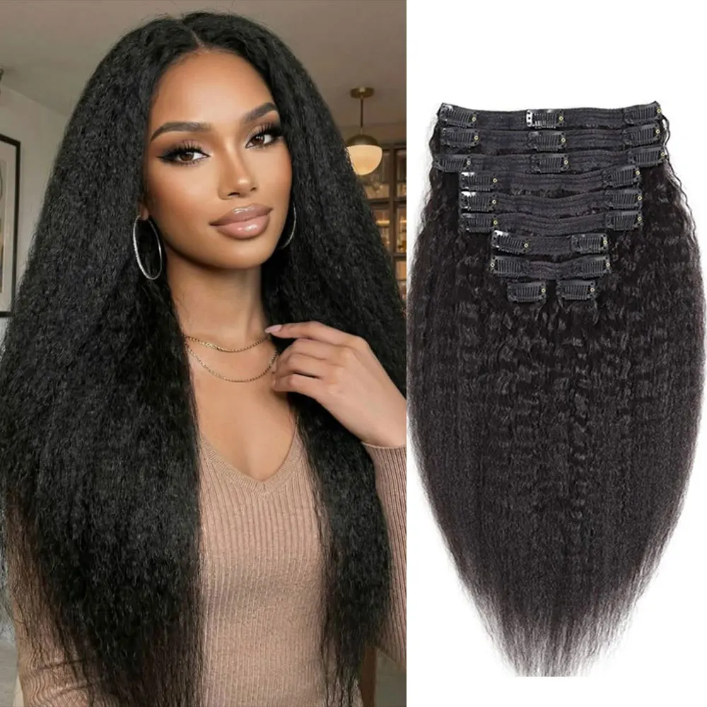 Kinky Straight Clips In Human Hair Extensions Natural Color Yaki Straight 100% Remy Human Hair 120G 8Pcs/Set Full Head For Women
