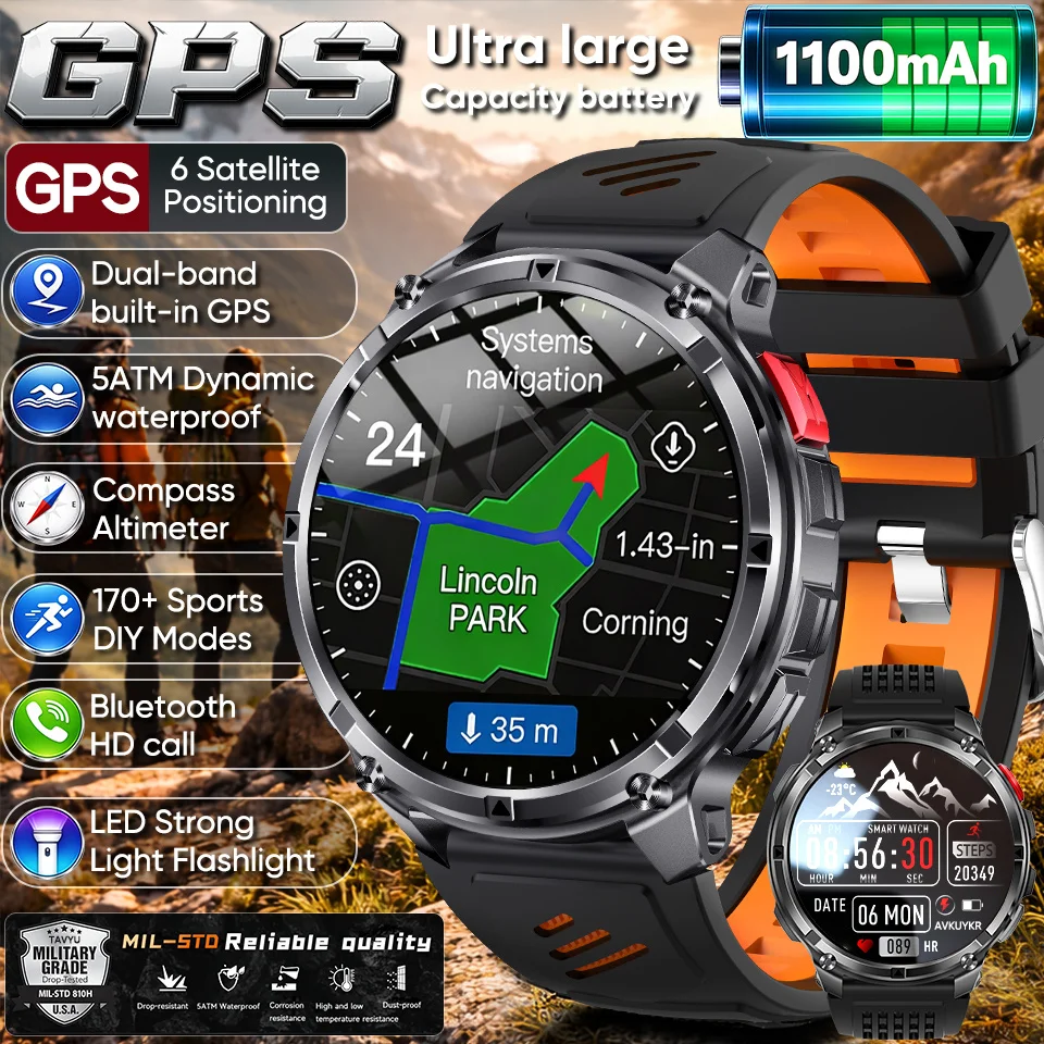 

Новые военные смарт-часы 2026 года для мужчин: GPS, 1100 мАч, AMOLED-экран 1,7 дюйма, компас, водонепроницаемость 5ATM, трекер маршрутов, совместимость с iOS