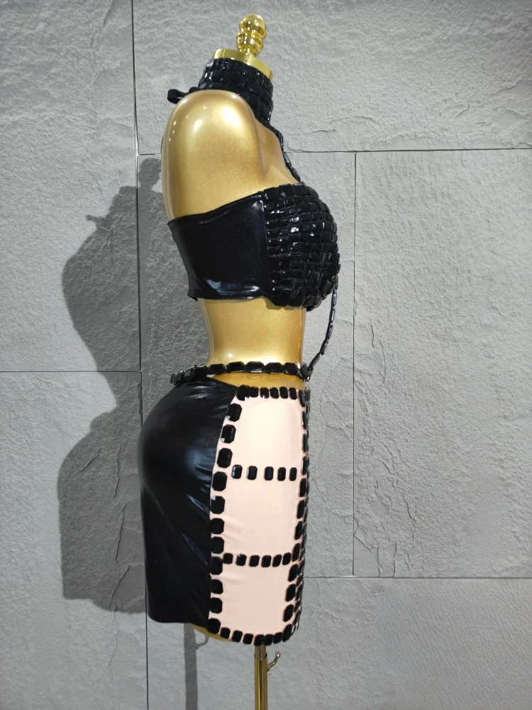 Ensemble haut et mini jupe en cristal noir sexy de luxe pour femmes, tenue de soirée moulante pour les clubs de soirée, les étapes et les nuits, 2025