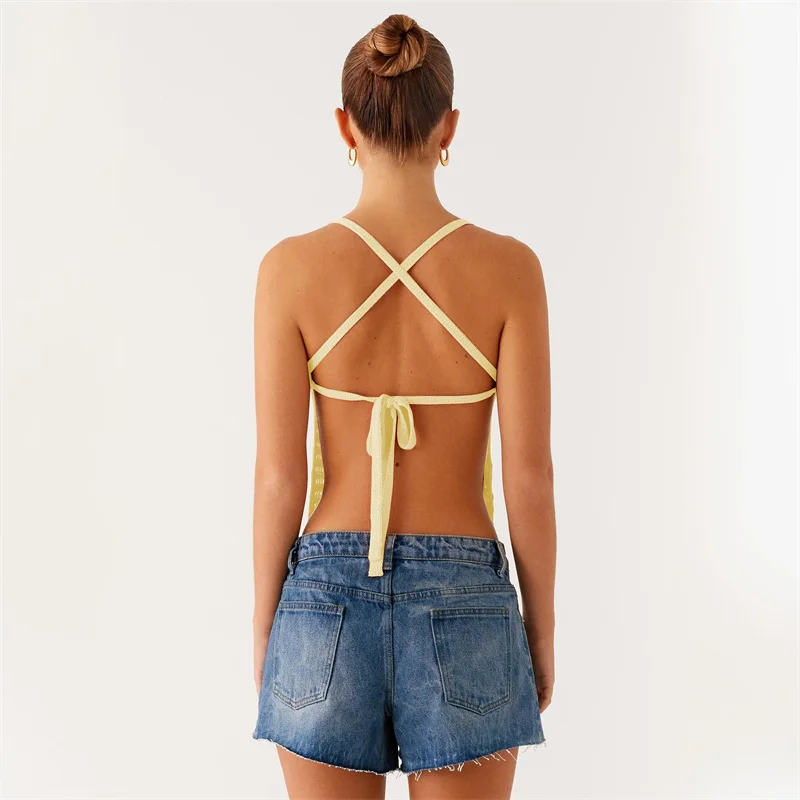 Women's Sexy Backless Lace-Up Crochet Bikini Top Vest Brazilian Biquini Knitted Swimsuit Beach Cover up Swimwear Camis