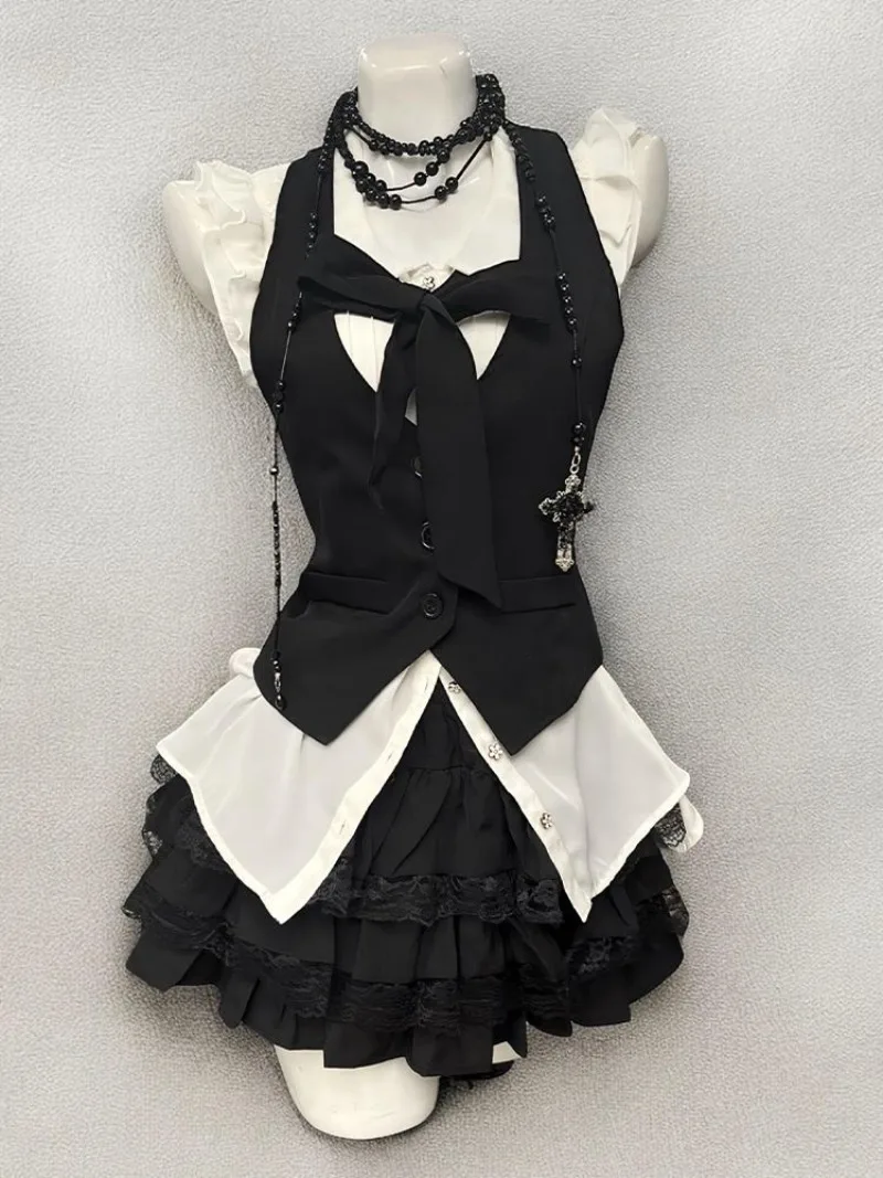French Court Gothic Style Academy Style White Shirt Top+retro Slim Fit Vest+fluffy Skirt Three Piece Set for Women Skirts Sets