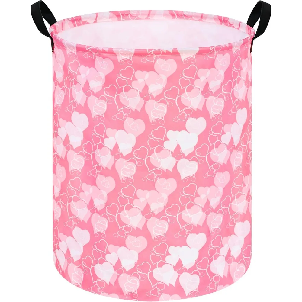 Pink Heart Pattern Laundry Hamper - Cute Style Decorative Storage Basket with Handles, Ideal for Bedroom & Bathroom, Foldable