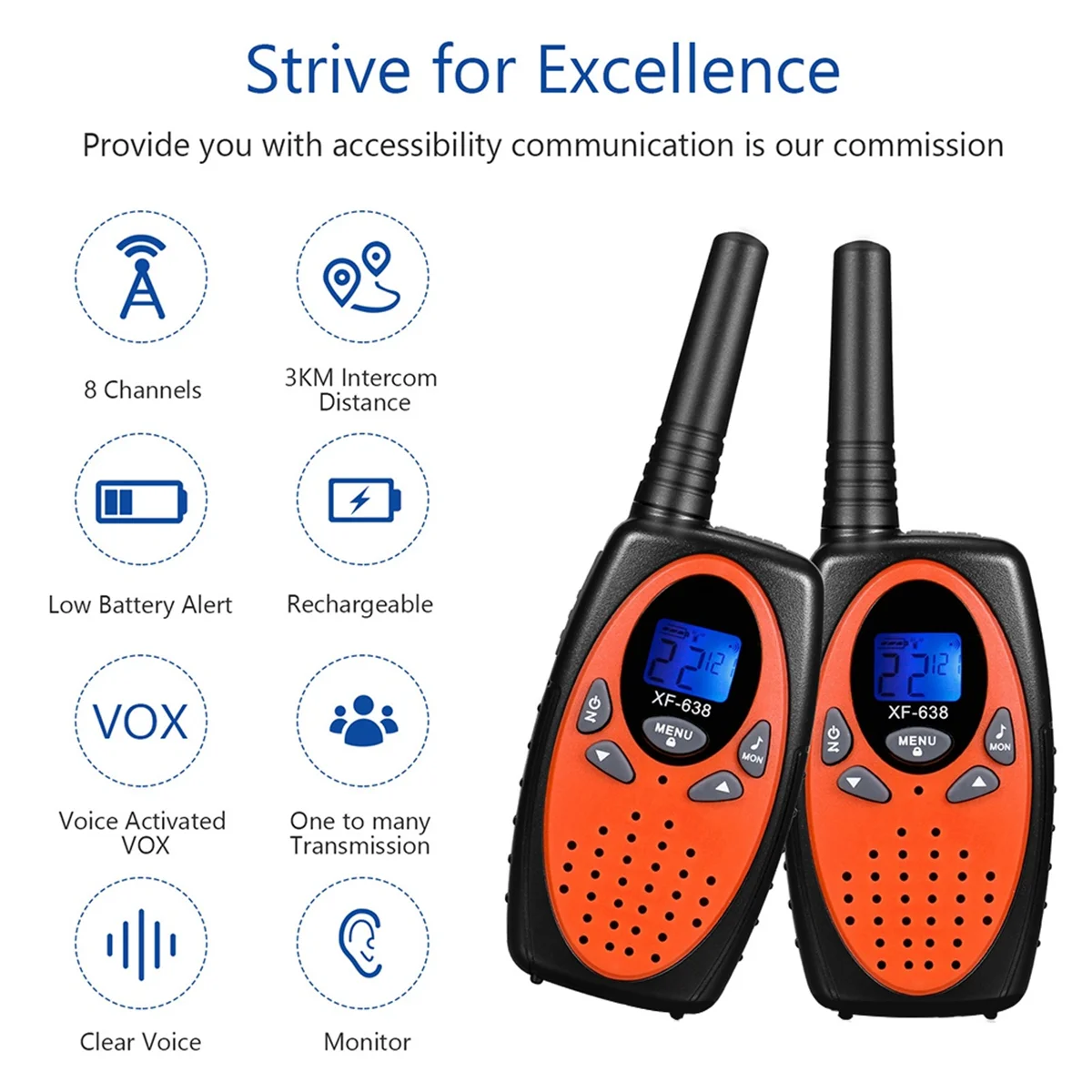 2PCS XF638 Walkie Talkies for Kids,Toys Gifts for Boys Girls,2 Way Radio 22CH VOX,For Camping Hiking Indoor Outdoor