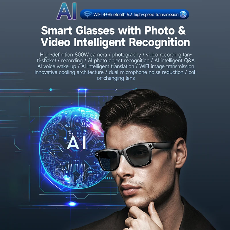 New Smart Camera Glasses Video Recording Sunglasses Voice Assistant BT Call Music Sound Record WIFI Transmission Smart Glasses
