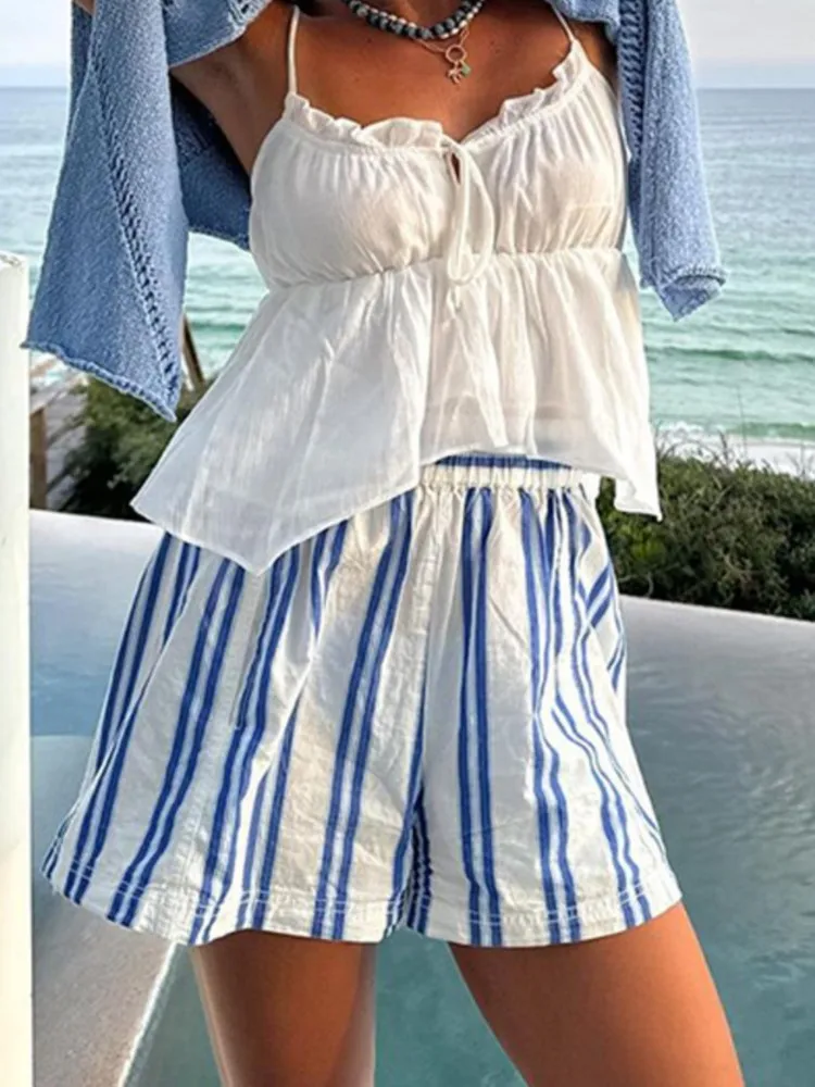 Summer Striped Beach Casual Shorts Women Elastic High Waist Loose Short Pants Pockets Lady Fashion Streetwear Shorts For Girls