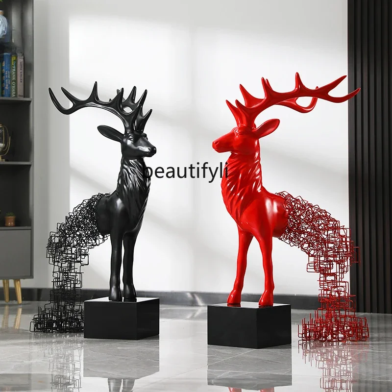 Welcome floor-to-ceiling ornament, large-scale creative fiberglass sika deer sculpture, hotel lobby decoration