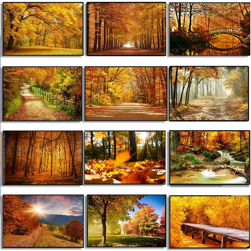 1pc frameless Canvas Painting 1pc Frameless Canvas Poster Yellow Leaf Autumn Landscape Printing Bridge Painting Halloween Pictur