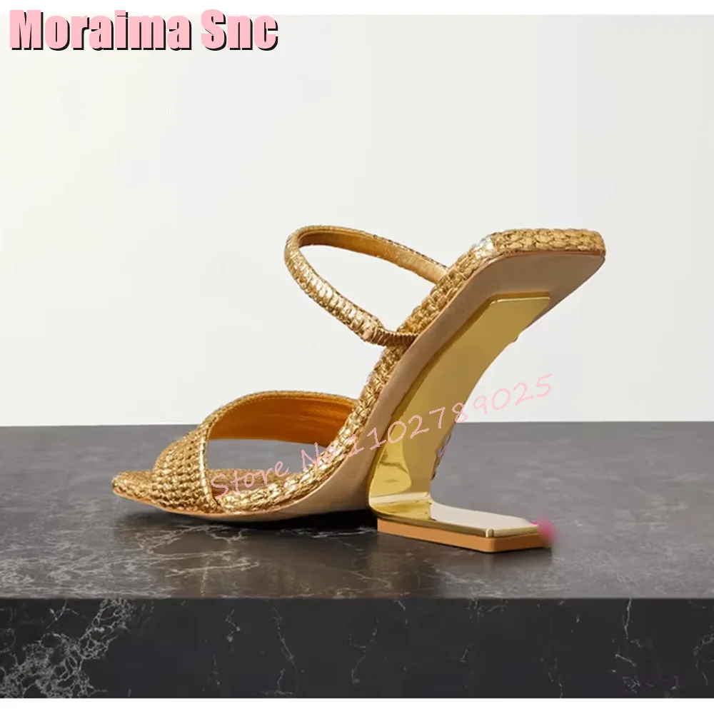 Square Toe Strange Heel Slippers Ankle Strap Golden Solid Sexy Elegant Women Shoes Summer Banquet Fashion Outdoor 2023 Newest