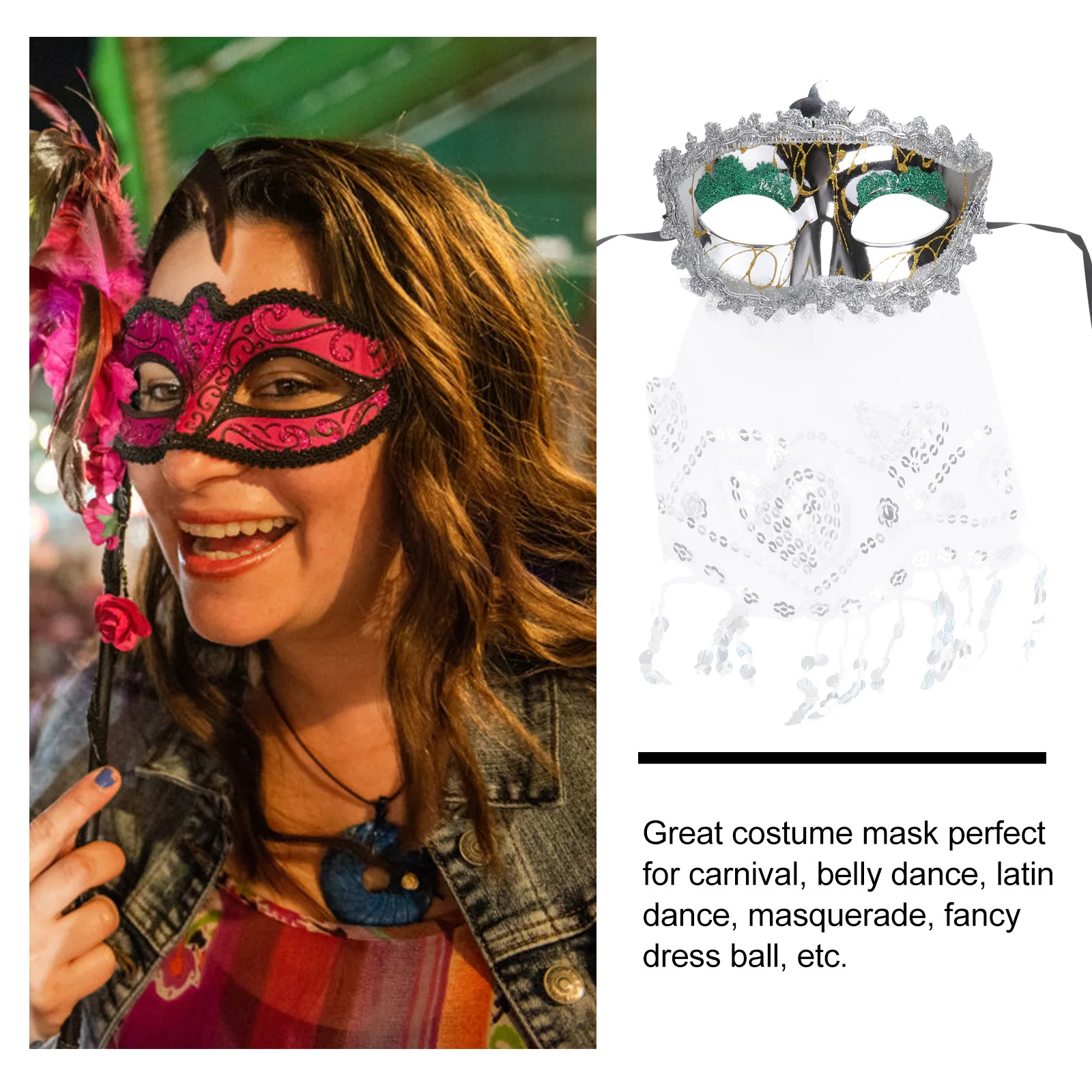 

Veil Mask Silver Masquerade Shiny Sequins Semi Transparent Halloween Carnival Dance Party Women Girls Veil Mask