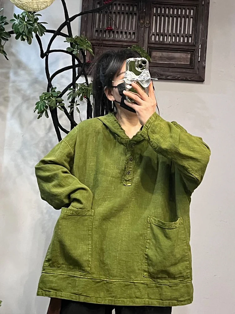 Amax LuluE Korean Spring Womens Hooded T-shirts Fashion Loose Casual Tops Ladies Classic Big Size Vintage Cotton Linen Clothes
