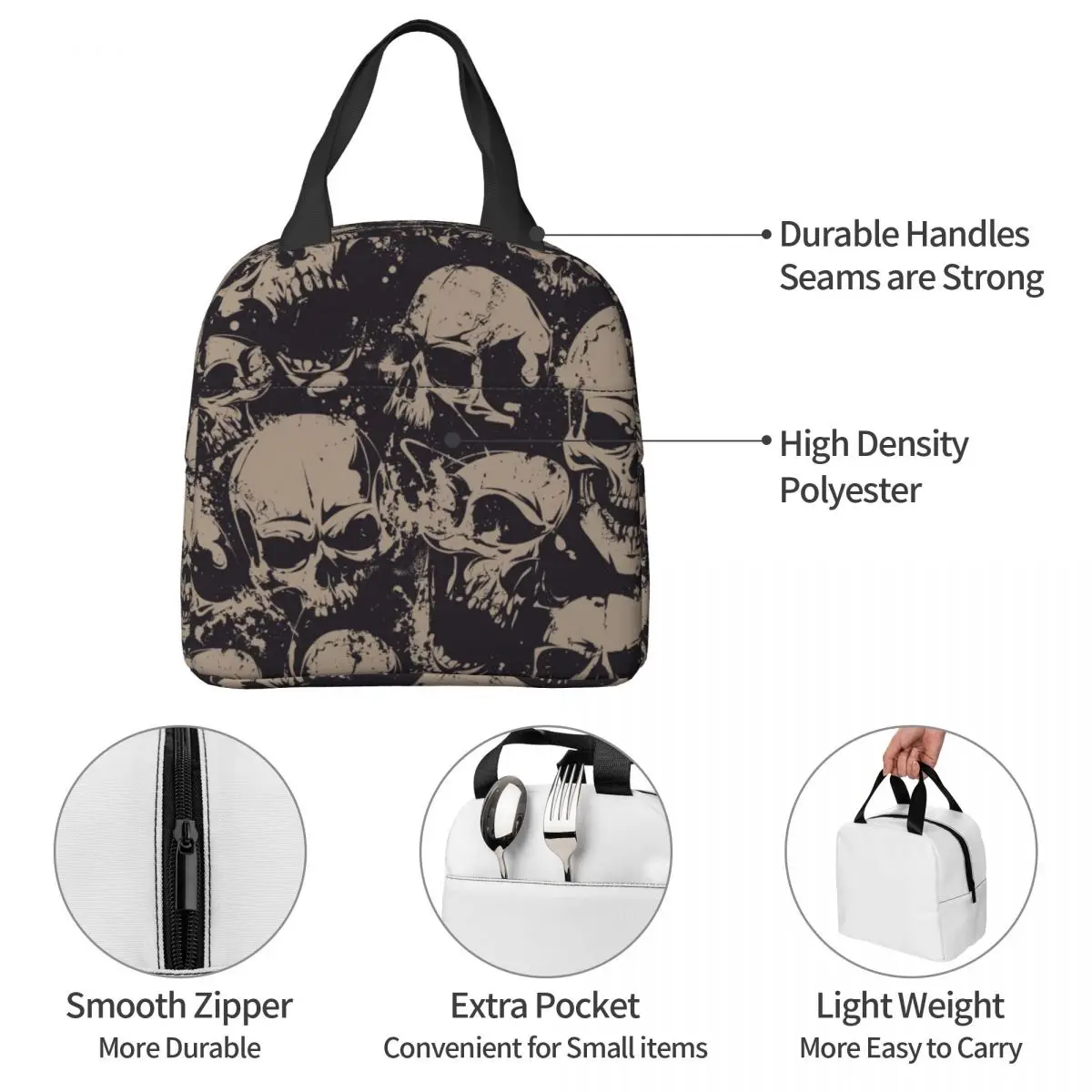 Grunge Pattern With Skulls Rock Insulated Lunch Bag High Capacity Reusable Thermal Bag Lunch Box Tote Work Travel Girl Boy