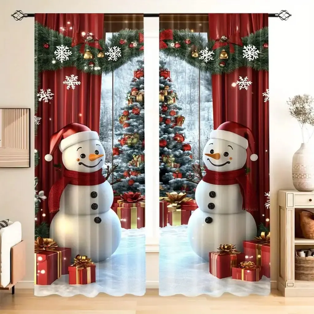 2pcs Set Vintage Christmas Tree Curtains - Semi-Transparent, Privacy-Protecting Drapes for Living Room & Bedroom Decor