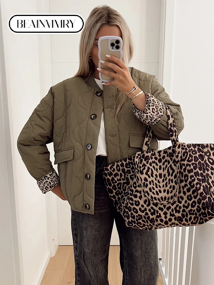 Women Fashion Single-breasted Flip Pocket Cotton Coats Leopard Print Lined Round Neck Padded Jacket 2024 New Lady Warm Outwear