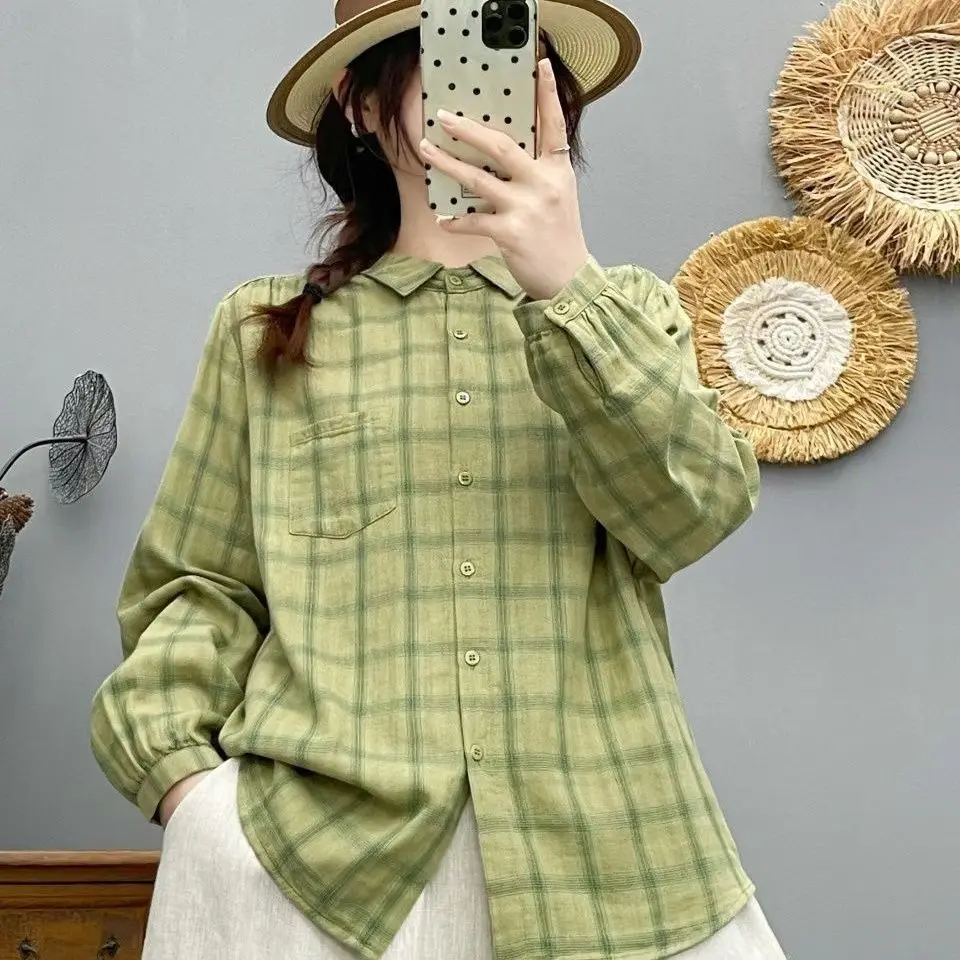 

Women Spring Plaid Long Sleeve Double Layered Cotton Shirt New Slimming Top Button Gingham Shirt Top