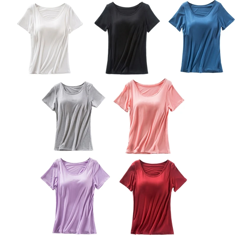 Women Padded Built-in-Bra T-Shirts Short-Sleeve Modal Round Neck Wireless Bra Tops Loose Causal Tee Pullover Tops Comfy