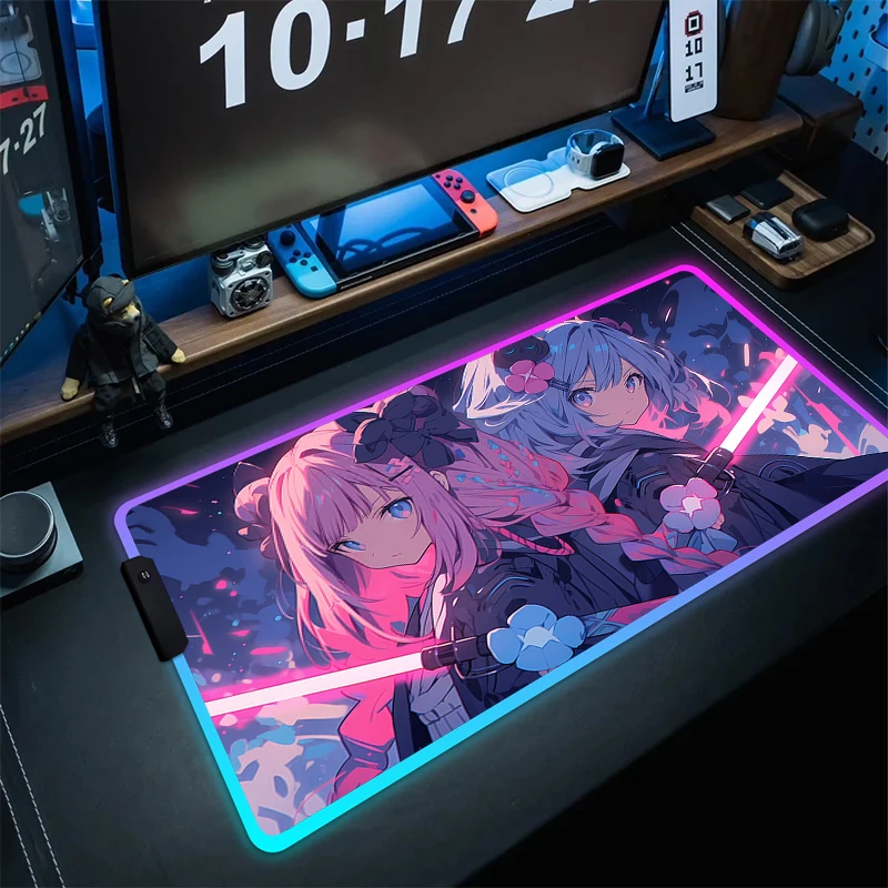 Imagem -04 - Anime Girls Rubber Mouse Pad Antiderrapante Led Gaming Mousepad Tapete de Teclado Tapete de Bloqueio do Jogo Acessórios Rgb