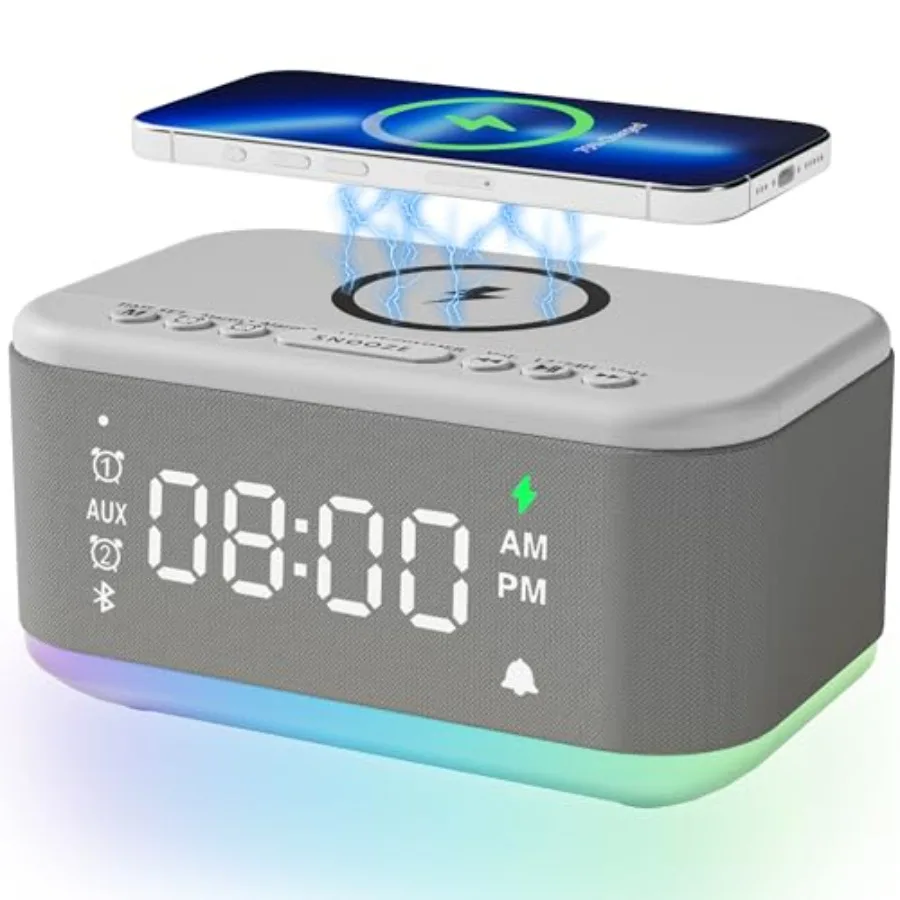

Будильник-колонка с беспроводной зарядкой, цифровой Bluetooth-будильник для спальни с регулируемой подсветкой, двойной будильник с функцией повтора