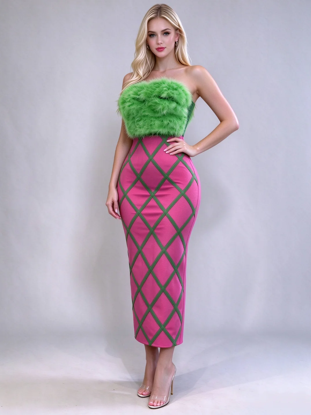 Green Feather Strapless Color Block Plaid Midi Bodycon Dress Summer Luxury Celebrity Evening Gown Bandage Dress
