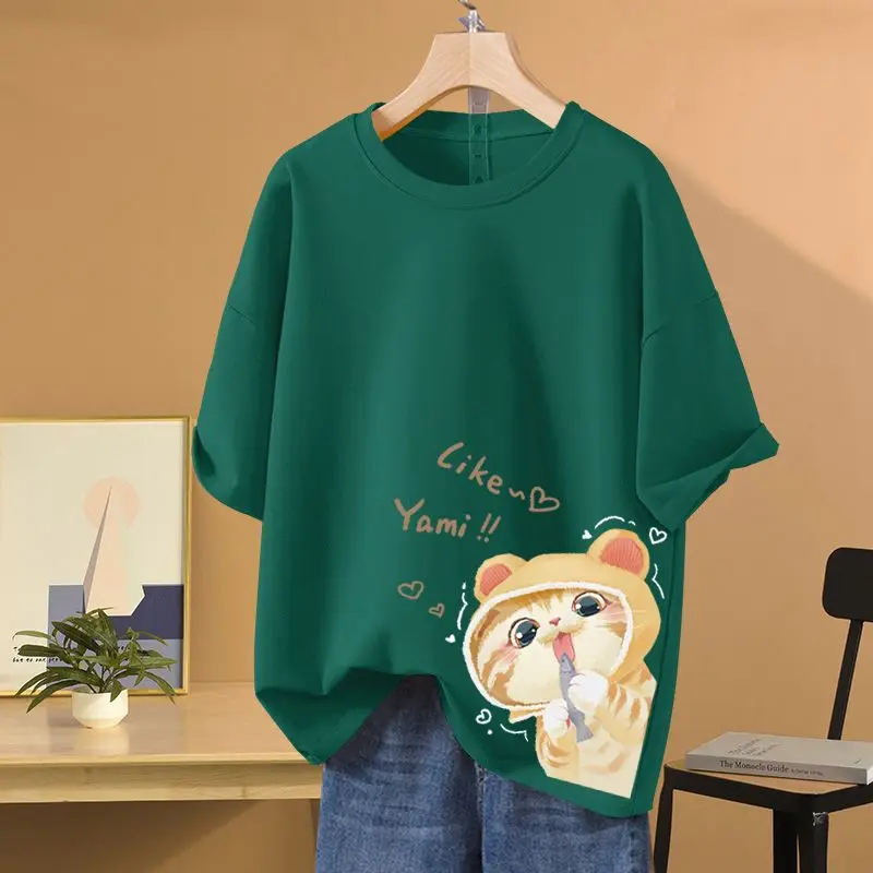 Women Chic Cartoon Printed T-shirt  Summer Pure Cotton Short Sleeve Top Tees Daily Casual Loose Basics Pullovers