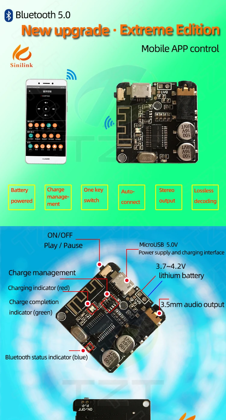 Bluetooth Audio Receiver Board Bluetooth 5.0 MP3 verlustfreie Platine Wireless Stereo Musik mit Leistungsverstärkermodul – Detail 8
