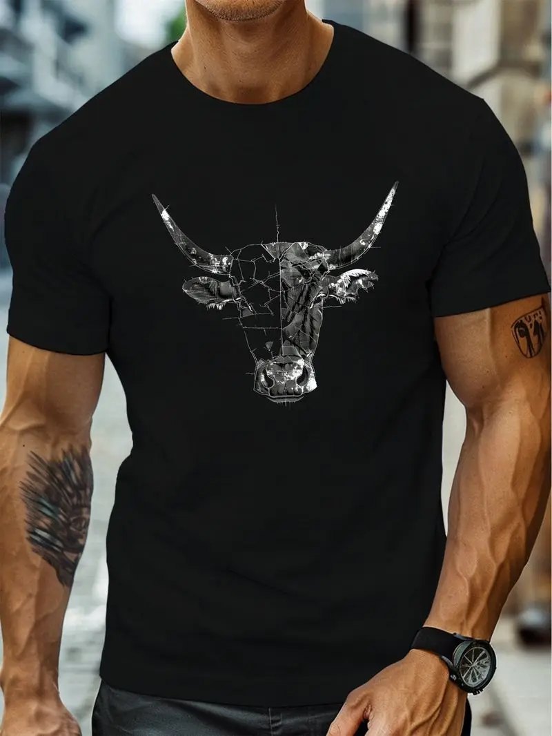 Men's Geometric Bull Print T-Shirt Casual Crew Neck Short Sleeve Polyester Knit Slight Stretch Summer Lightweight Tee 150Gsm
