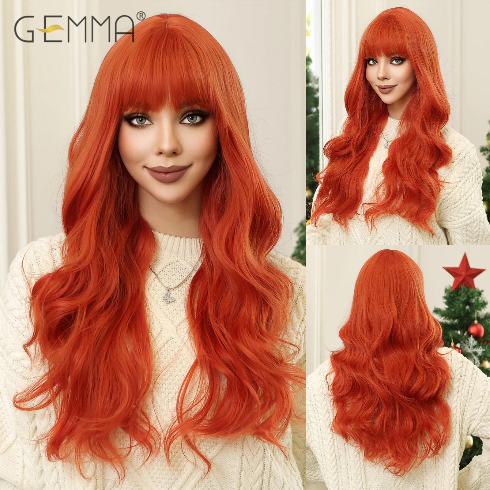 GEMMA Orange Red Cosplay Hair Wig Synthetic Long Wavy Wig with Bangs for Women Heat Resistant Fibre Party Daily Use Colored Wig