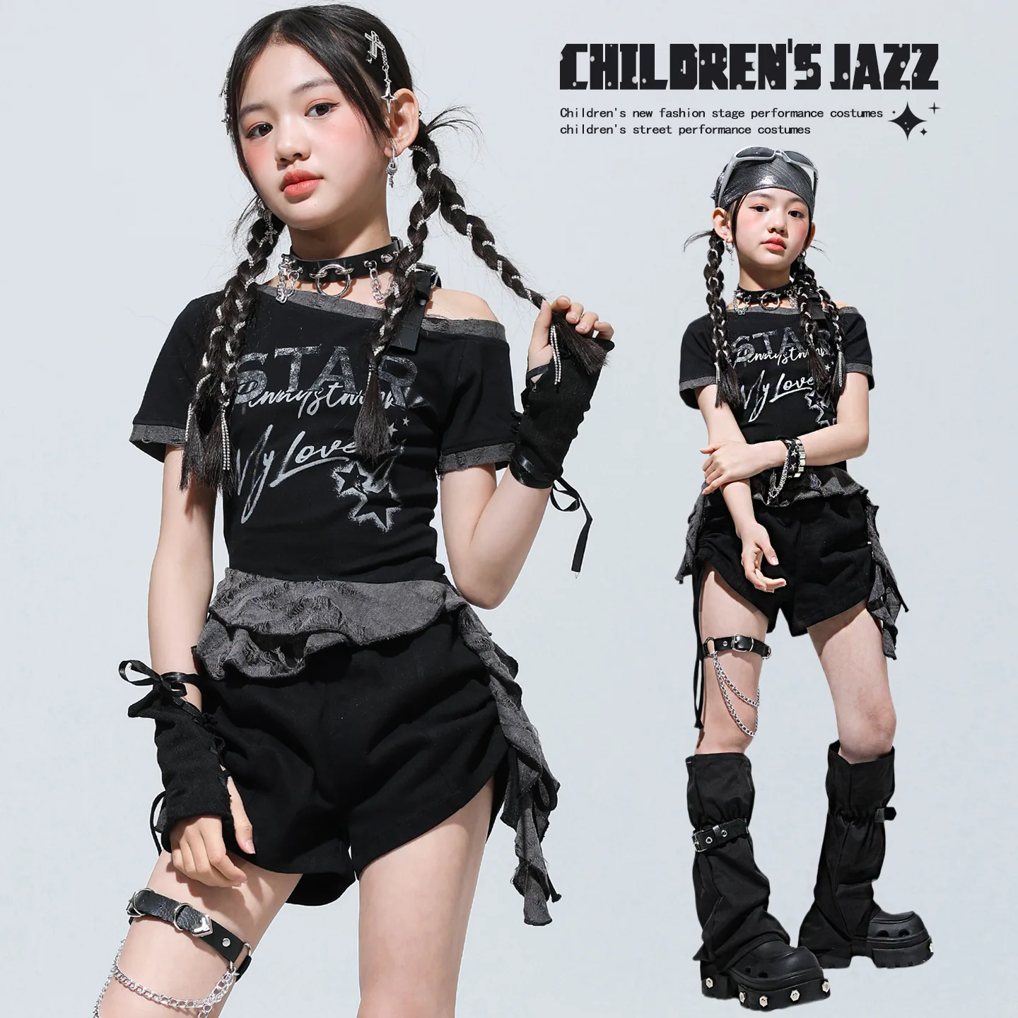 Girls Hip‑Hop Jazz Dance Outfit Black‑Grey Ribbon Top+ Black Drawstring Shorts Kids Street Dance Stage Performance Costume Set