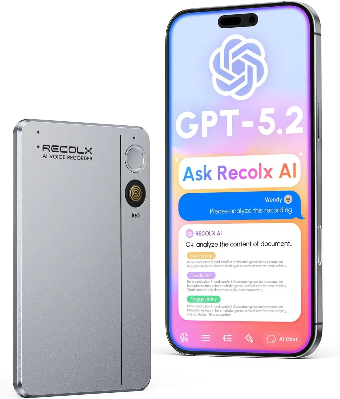 

AI Voice Recorder & Transcriber with GPT-5.2 – 30H, 112 Languages, Auto Summary, Grey