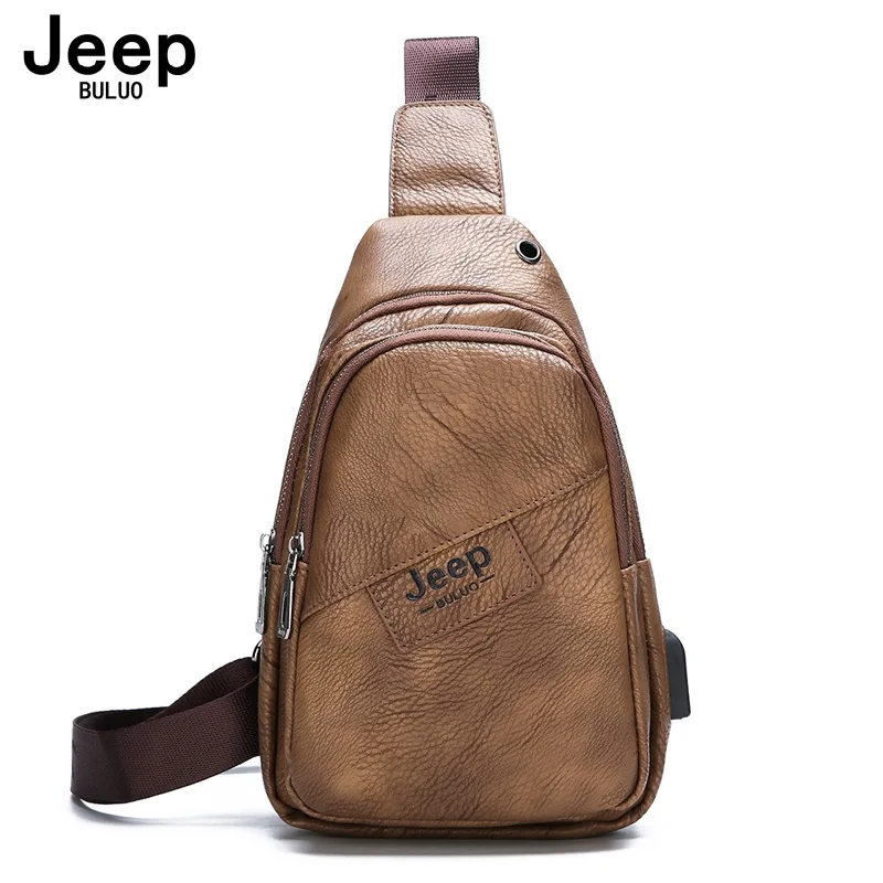 

JEEP BULUO Brand Men Chest Bag Leather Brown Fashion Shoulder Crossbody Sling Bags College Students Travel Outdoors High Quality