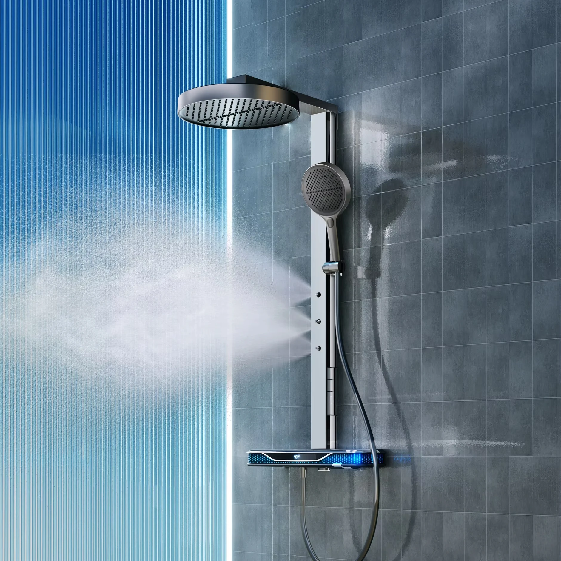 

2025 Tiktok Trend Gunmetal Gray Smart Led Back Waist Massage Shower System Exposed Wall Mounted Bathroom Faucets Shower Set