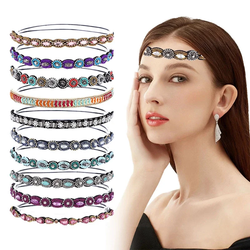 

Crystal Headband Turquoise Diamond Bohemian Hair Accessories Rhinestone Beaded Hairband Elastic Hair Band Korean Style Headband