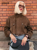 Urban Vintage Brown Suede Short Jackets Women Long Sleeve Zipper Pocket Bomber Coats 2025 Spring Fashion Lady Street Outwears