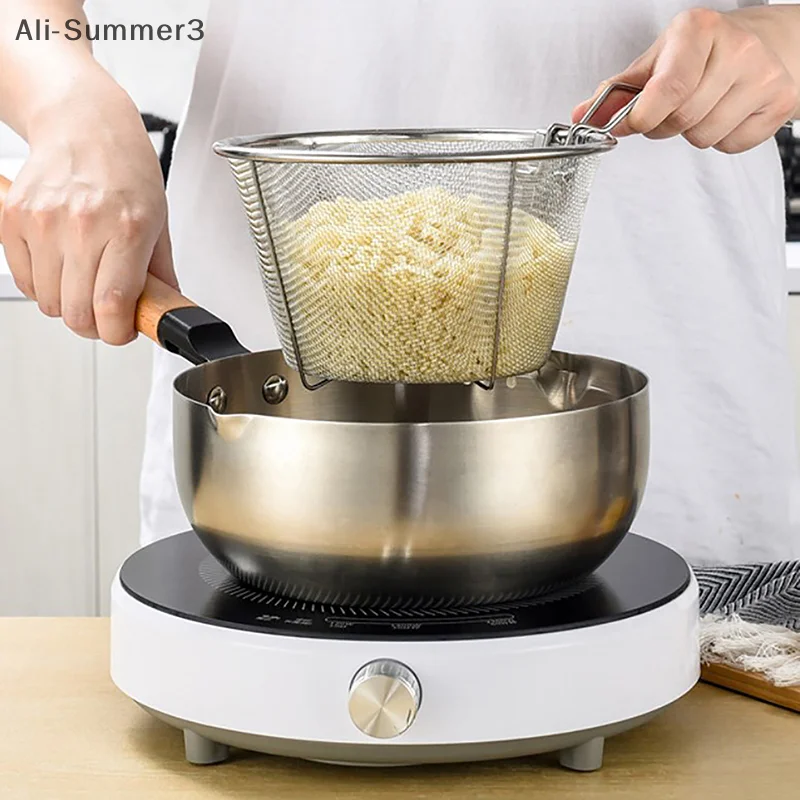 الفرنسية رقاقة القلي مصفاة سلة الفولاذ المقاوم للصدأ سلة القلي العميق المطبخ المقلاة المستديرة شبكة سلكية مع مقبض شبكات مصفاة الأسلاك