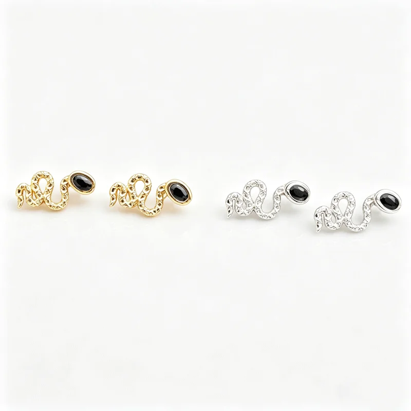 Fashion Silver Plated Snake CZ Stud Earrings, Black Onyx Sparkling Animal Ear Jewelry For Women Birthday Party Gift