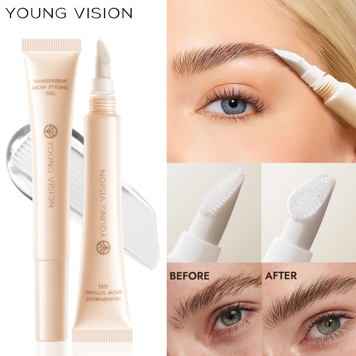 YOUNG VISION Gel à sourcils transparent avec tête de brosse intégrée pour un coiffage durable et un gel à sourcils fin