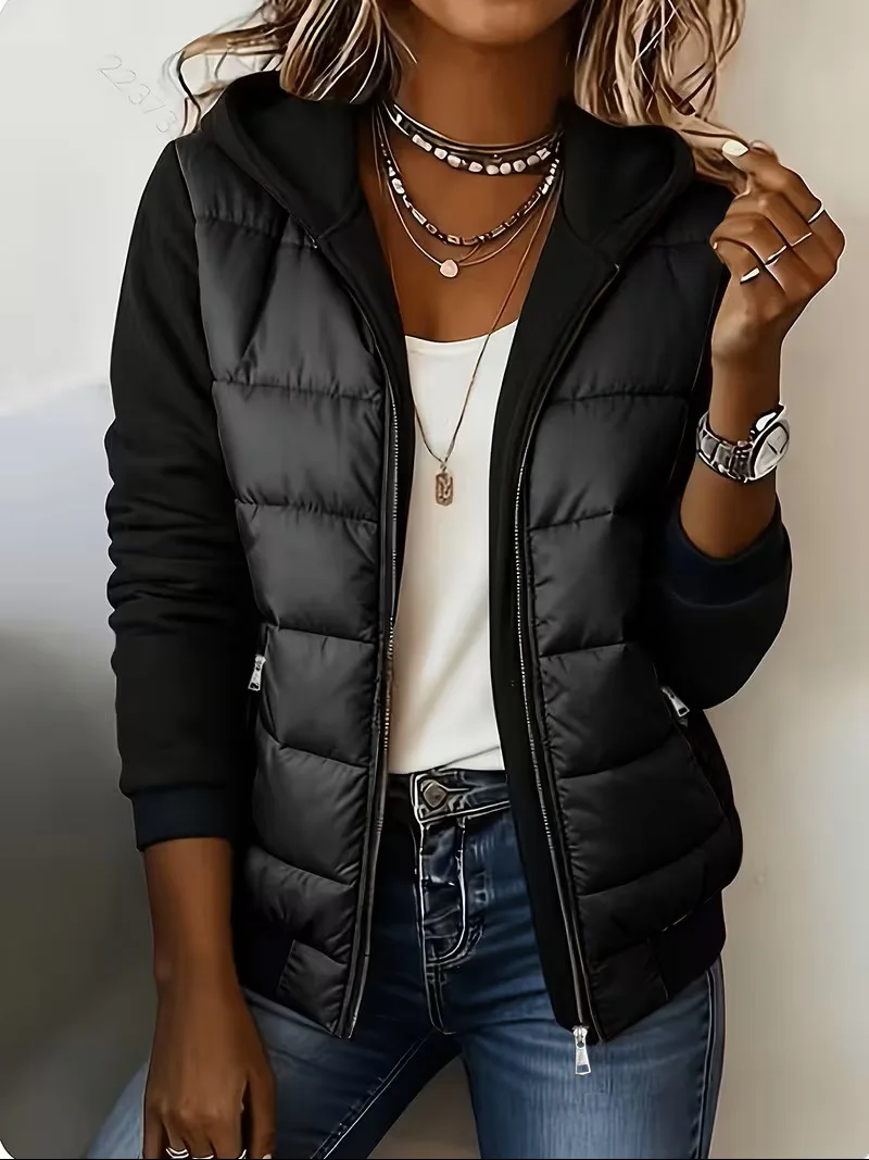 Women's Color Block Hooded Puffer Jacket -Quilted Zip Up Coat with Contrast Sweatshirt Sleeves, Casual Lightweight Winter Outer