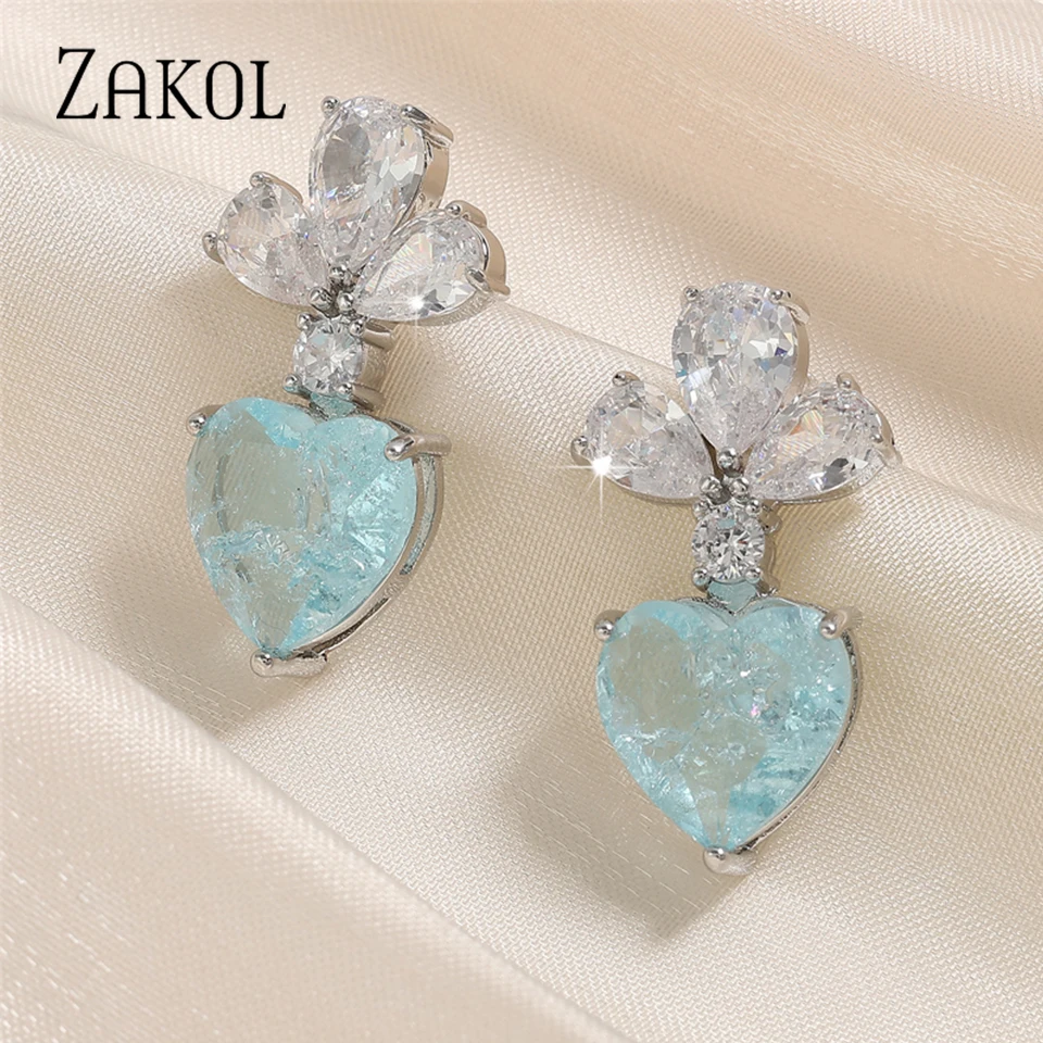 ZAKOL New Luxury Ocean Blue Burst Cubic Zirconia Heart Drop Earrings for Women Exquisite Birthday Christmas Girls Jewelry