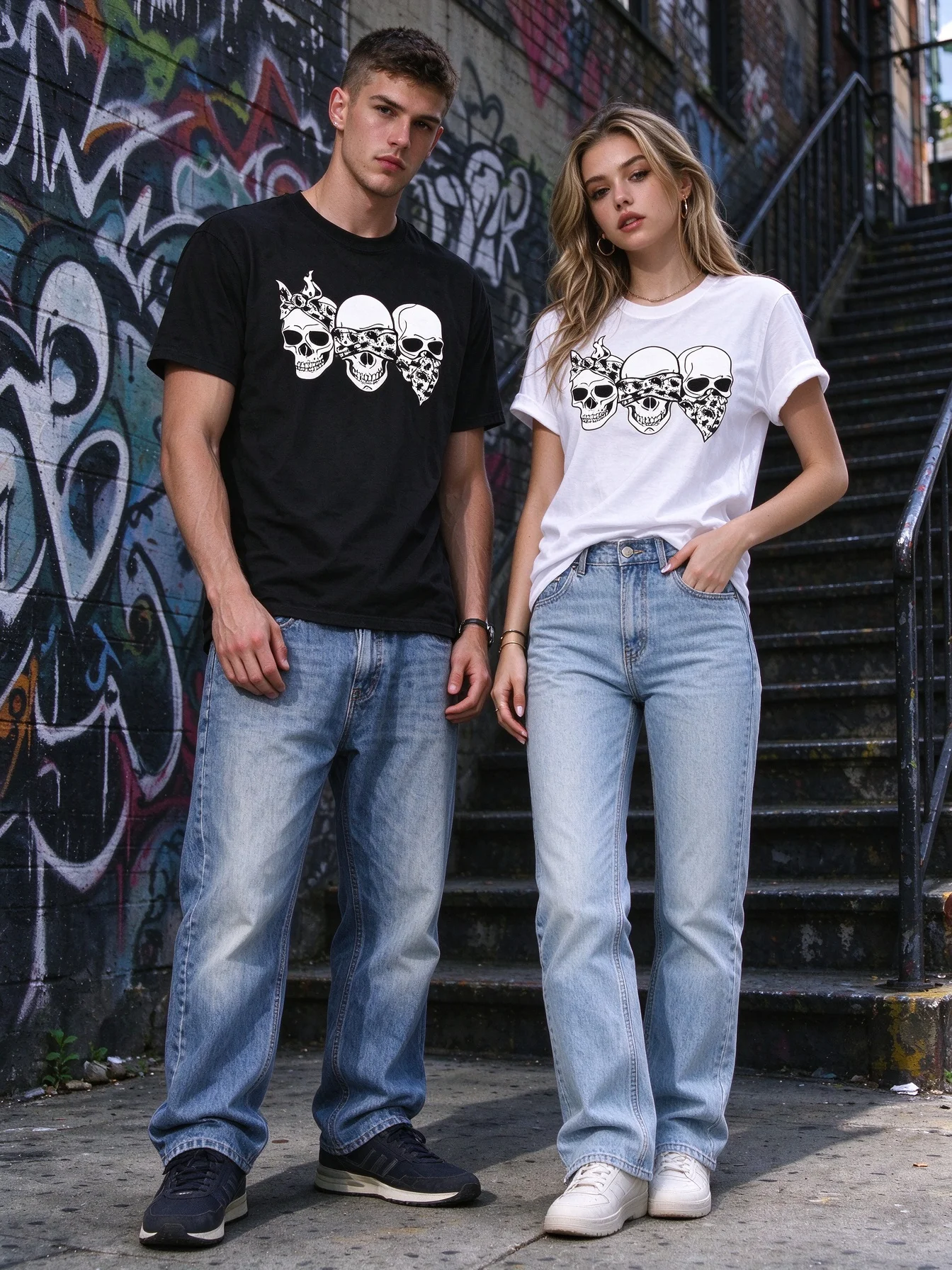 Skull Bandana Graphic T Shirt Couple Style Unisex Size S XXXXL Casual Short Sleeve Summer Cotton Streetwear Tops