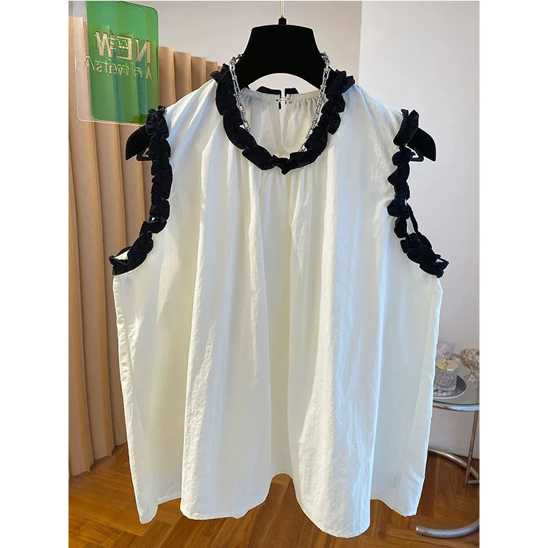 Chemises coréennes sans manches à volants pour femmes, Patchwork coréen, col rond, chemisier sans manches, ample et plissé, haut en Jacquard, nouvelle collection été 2025